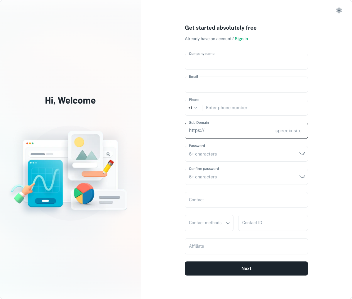 Figure 1.1 — Speedix Backoffice signup page (blank state)
