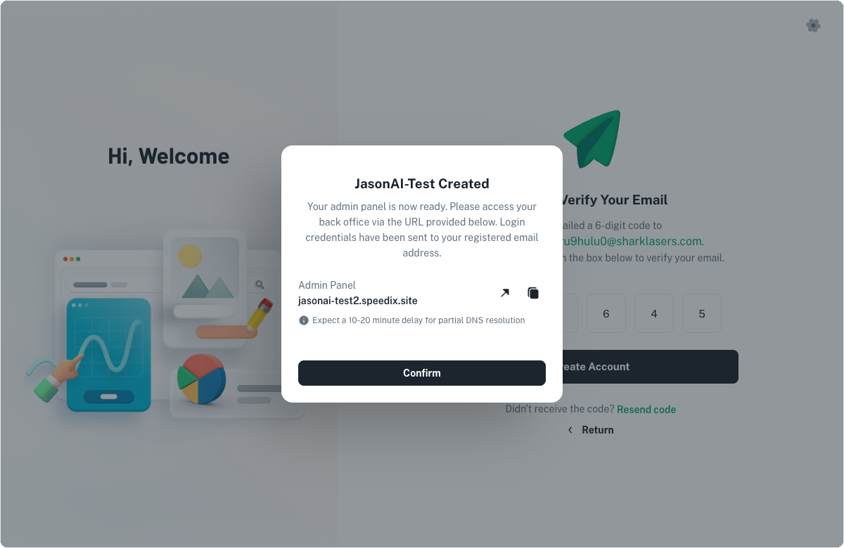 Figure 1.4 — Signup success message, showing the dedicated Admin Panel URL