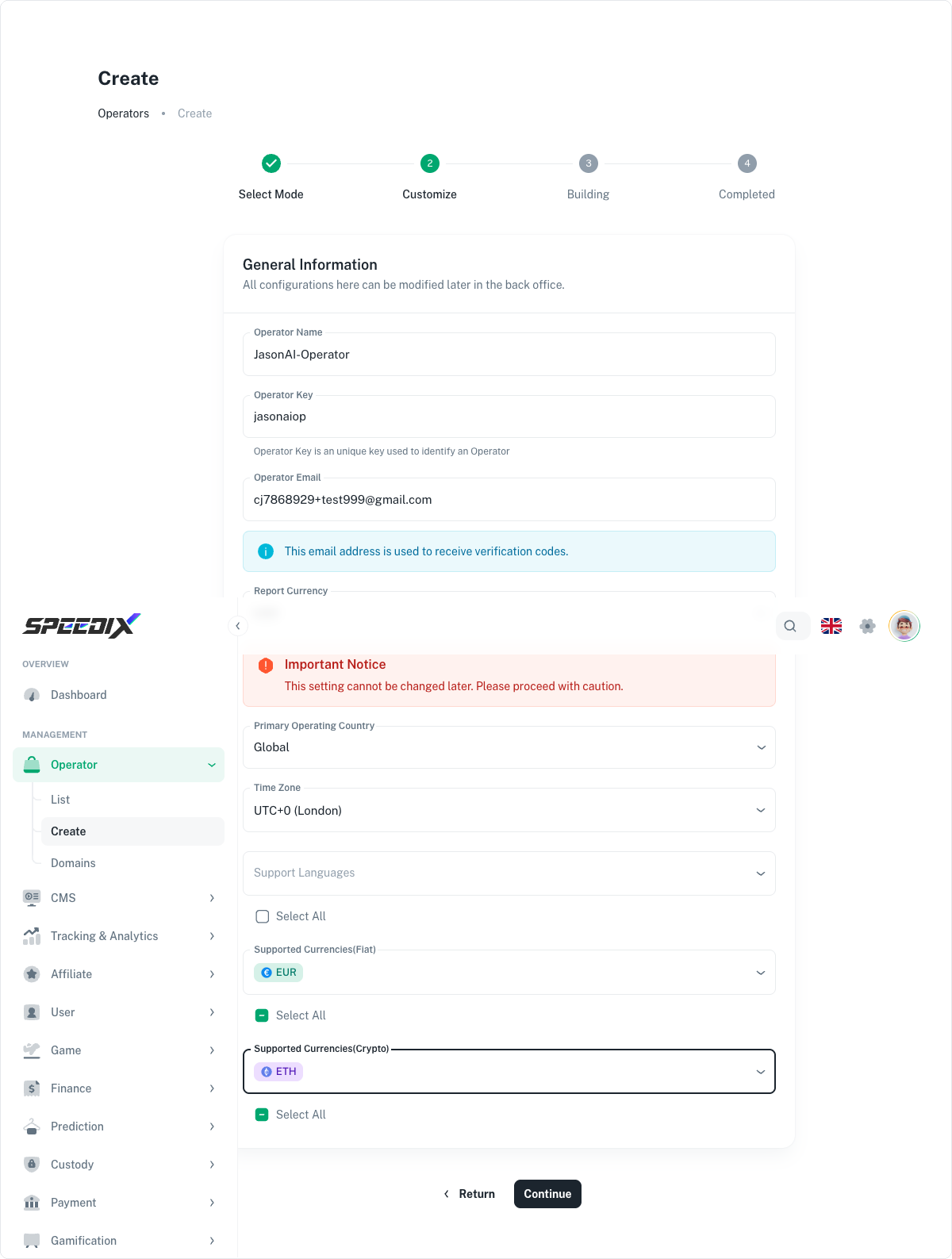 Figure 2.3b — All fields filled out (this demo: Global / UTC+0 / English / EUR / ETH)