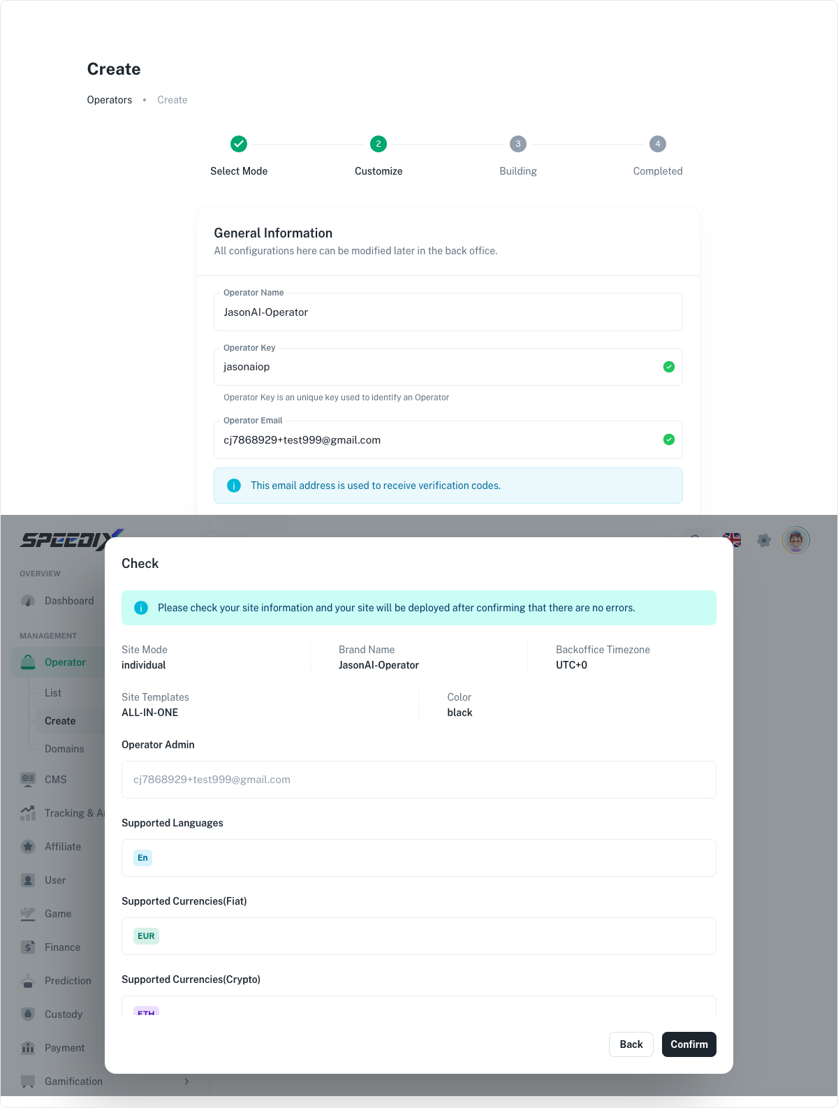 Figure 2.4 — Check dialog summarizing the site's key parameters