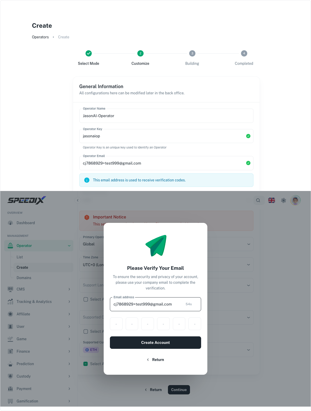 Figure 2.5 — Please Verify Your Email: 6-digit code + Create Account button